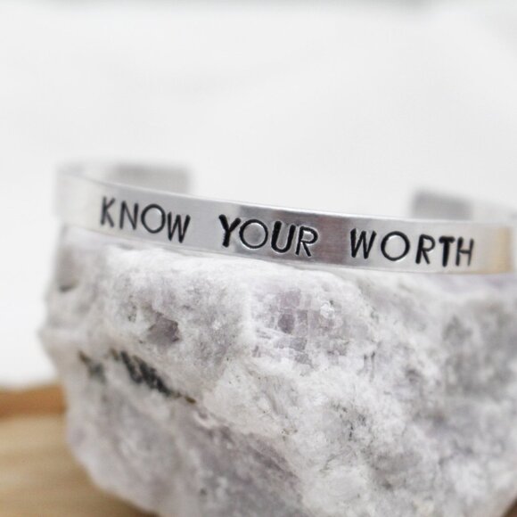 Know Your Worth - Hand Stamped Anodized Aluminum Bangle - Adjustable - Picture 3 of 11